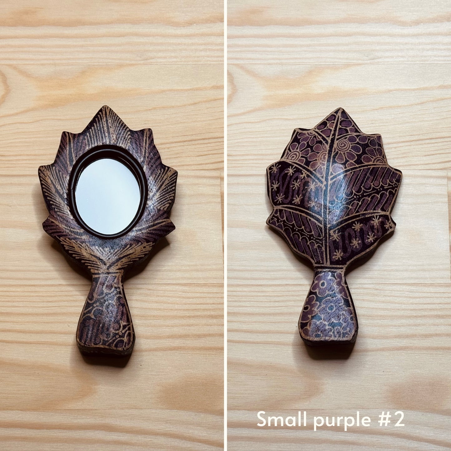 Batik wooden mirror S | Leaf | Purple