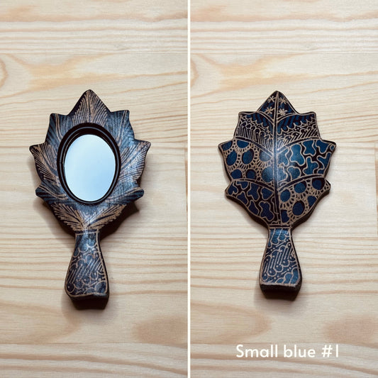 Batik wooden mirror S | Leaf | Blue