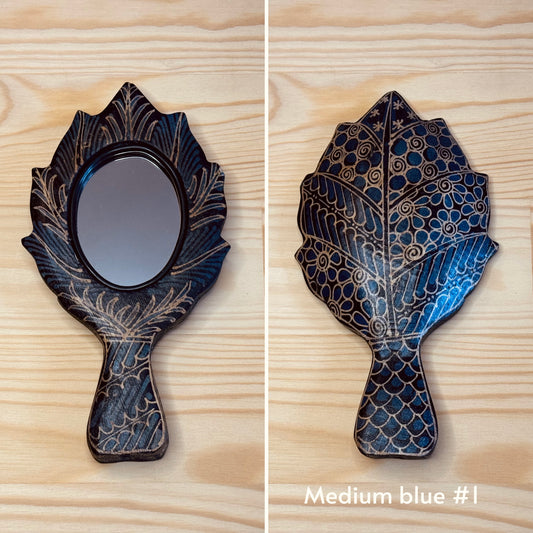 Batik wooden mirror M | Leaf | Blue