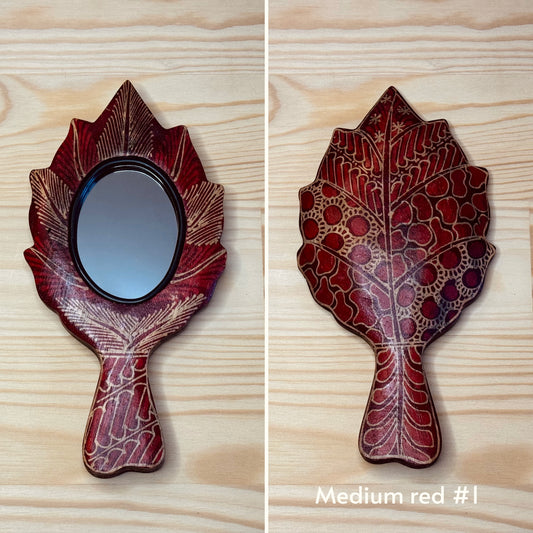 Batik wooden mirror M | Leaf | Red