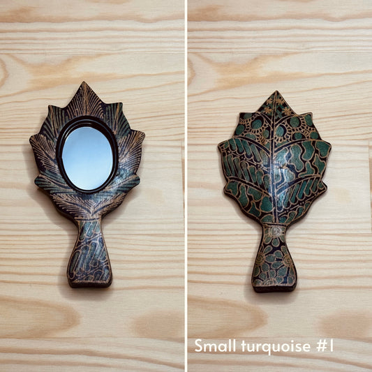 Batik wooden mirror S | Leaf | Turquoise